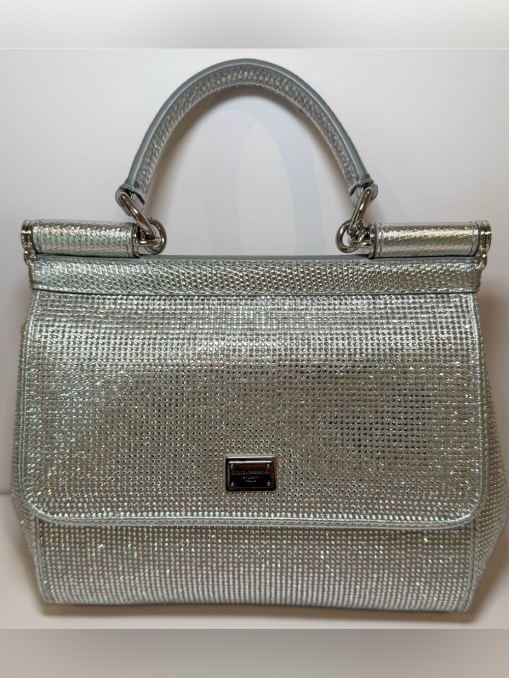 Dolce & Gabbana Rare Silver Crystal Rhinestone Embellished Small Sicily Bag